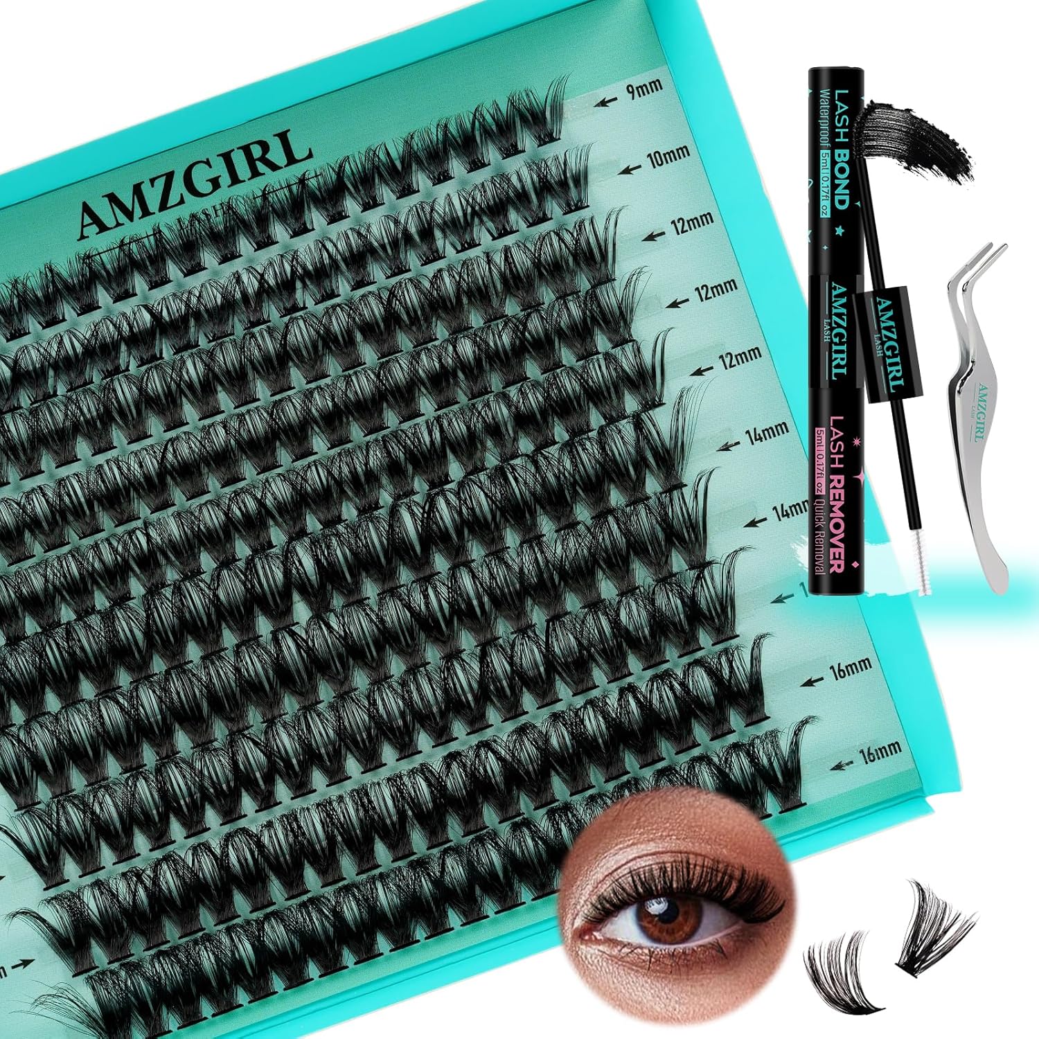 Lash Extension Kit 200PCS Lash Clusters Mix Eyelash Extension Kit with Waterproof Lash Bond and Remover,Individual Lashes with Lash Tweezers for Beginners at Home(60D,D-Mix9-16mm)