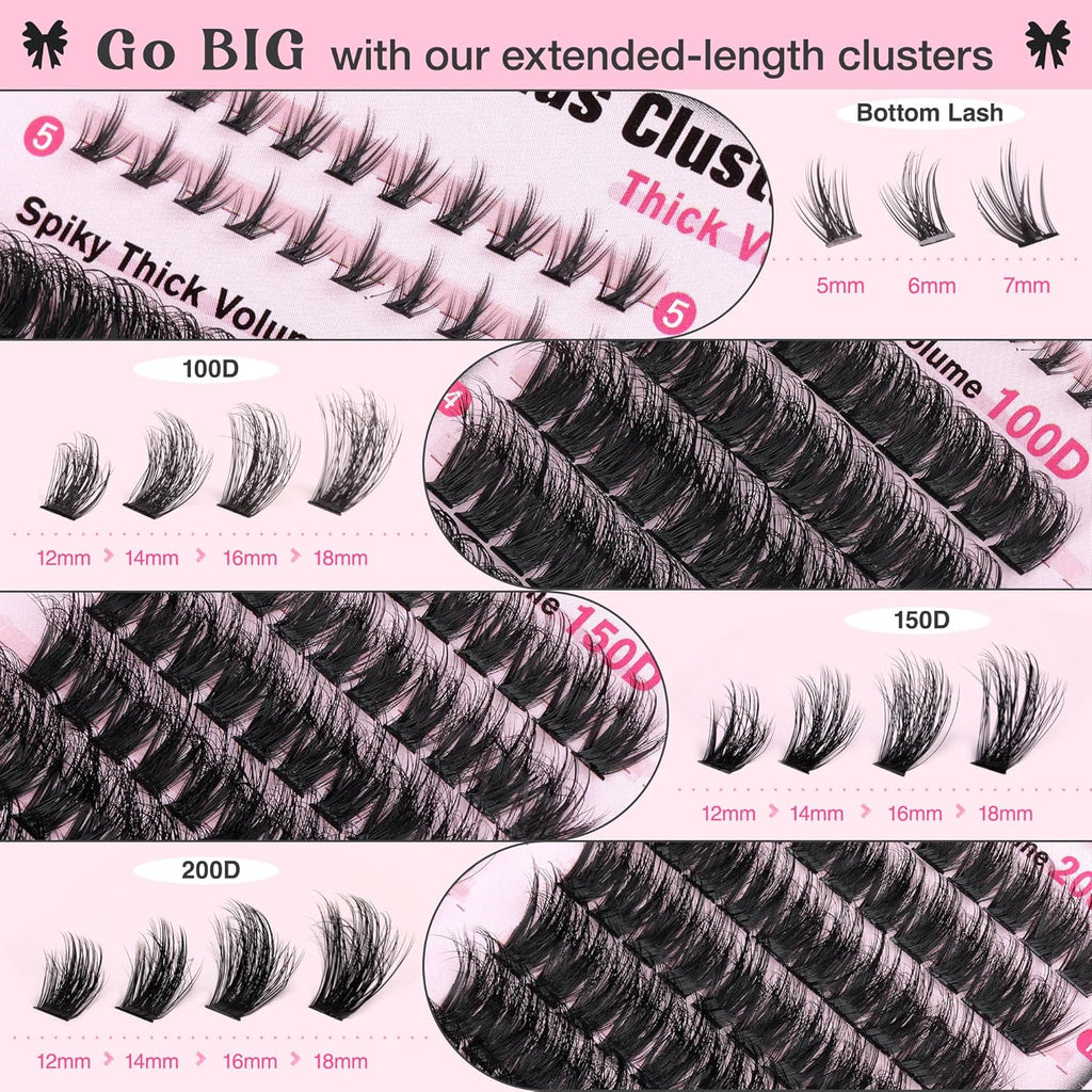 Fluffy Lash Clusters Kit Volume Cluster Eyelash Extensions Kit D Curl Waterproof Eyelash Clusters 240pcs Individual Lashes Full Faux Mink Cluster Lashes and 60pcs Bottom Lashes for DIY Lash Extension