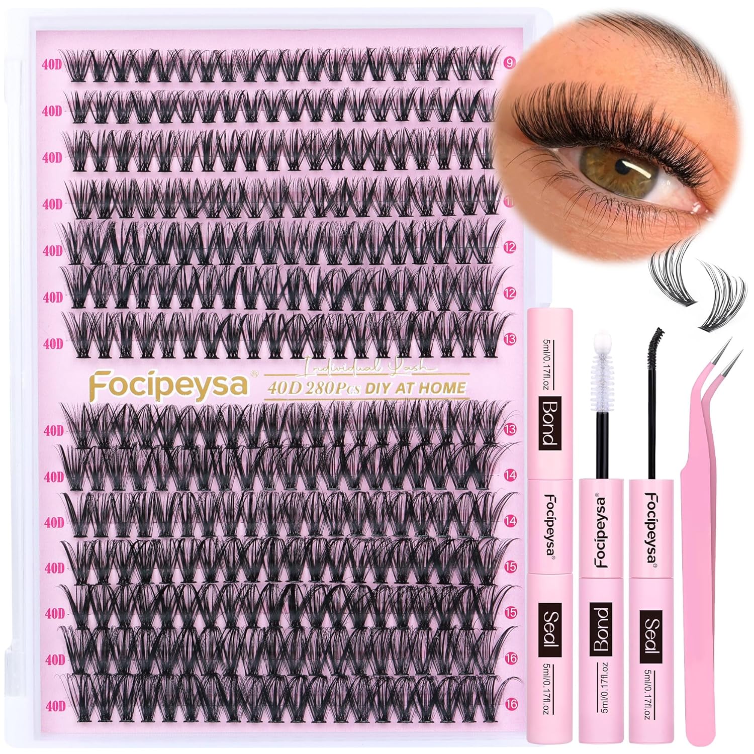 Focipeysa Eyelash Extension Kit D Curl Lash Clusters 280pcs DIY Lash Extension Kit 40D Individual Lashes with Lash Bond and Seal Lash Applicator DIY Lashes Kit for Individual Eyelashes Beginners