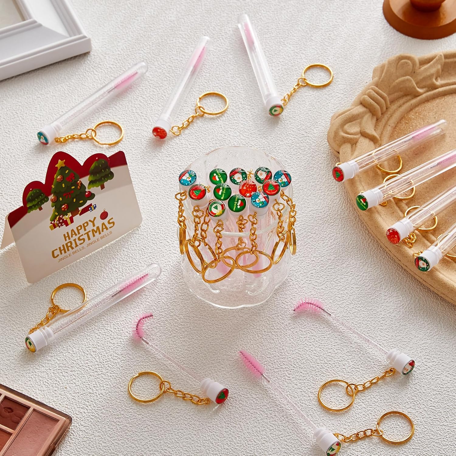 Upgrade 48 Pieces Disposable Mascara Wands Set, Include 24 Pcs Crystal Lash Spoolies Brush and 24 Pcs Reusable Keychain Christmas Holiday Gift Women Girls Makeup Tools