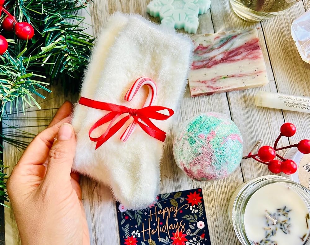 Beets and Apples Christmas Gift Basket for Women Holiday Spa Set Soap Candle Gifts for Her, Mom, Winter Spa Gift Set, Tea, Soap Candle Gift Set, Christmas Gift Set, Handmade in USA (Christmas)