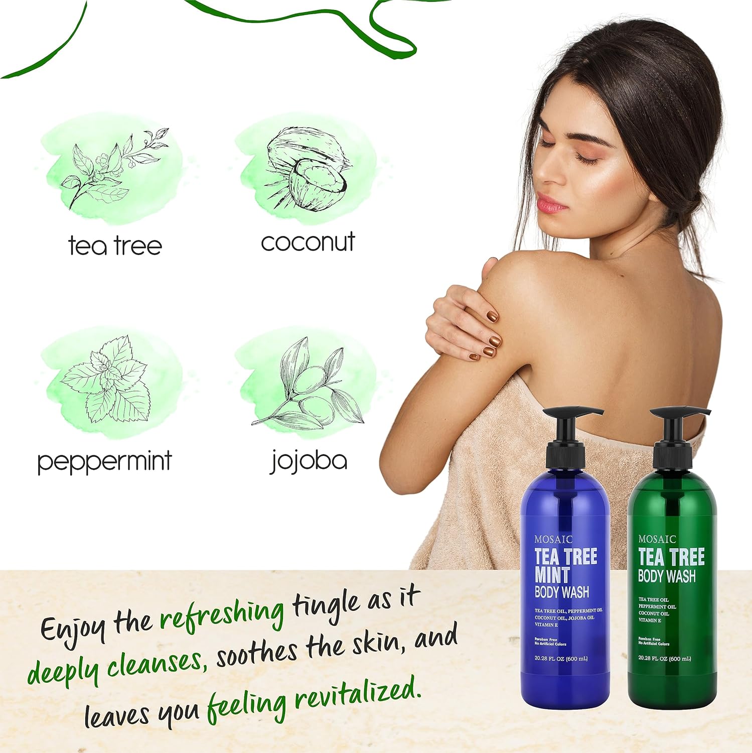 AnatoliaDaphne Tea Tree Body Wash and Shower Gel with Vitamin E for Jock Itch, Eczema, Ringworm, Body Odor, Body Wash Women & Men with Added Body Oils,LARGE 20.2 FL Oz Bottle (Tea Tree, Pack of 2)