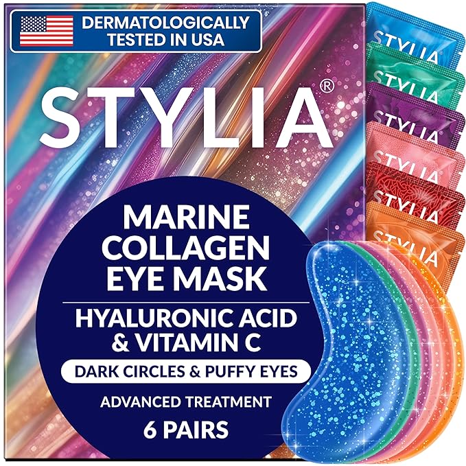 Stylia Under Eye Patches for Puffy Eyes and Dark Circles (6 Pairs) - Marine Collagen Under Eye Mask with Vitamin C, Hyaluronic Acid, Pearl Extract - Eye Masks for Dark Circles and Puffiness