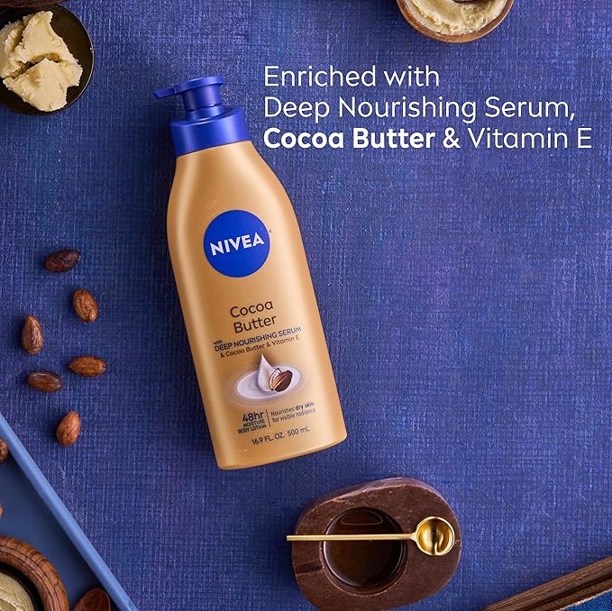 NIVEA Cocoa Butter Body Lotion with Deep Nourishing Serum, Cocoa Butter and Vitamin E, 48-Hour Moisturizing Body Lotion for Dry Skin, Nourishes Dry Skin for Visible Radiance, 16.9 Fl Oz Pump Bottle