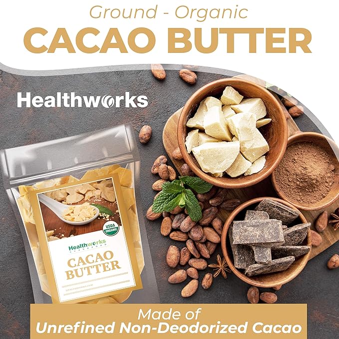 Healthworks Superfoods Organic Cacao Butter - 16 Oz / 1 Lb - USDA Certified Organic from Peru - Unrefined Non-Deodorized Cocoa - Sugar-Free, Keto, Vegan & Non-GMO - Antioxidant Superfood