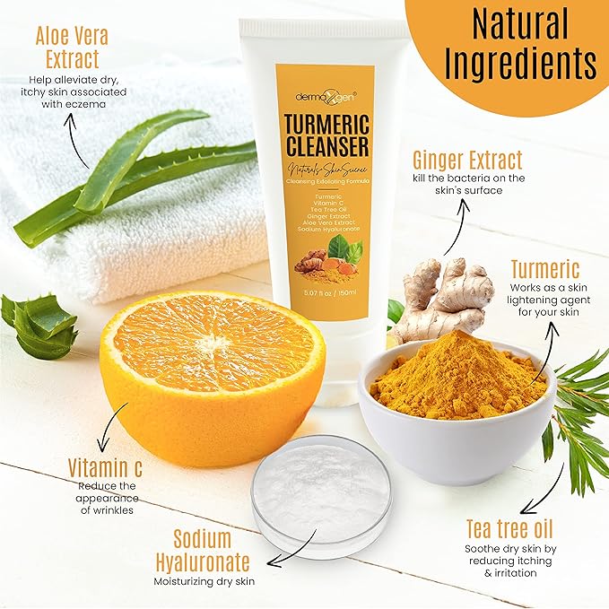 Turmeric Oil with Facial Cleanser Bundle – Organic Moisturizer for Acne, Dark Spots, Anti-Aging, & Hydration + Exfoliating Cleanser for Acne Scars & Skin Discoloration (2 FL OZ + 5 OZ)