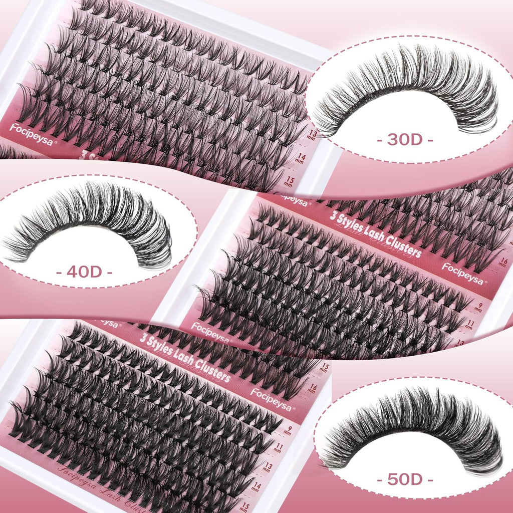 Focipeysa Wispy Lash Clusters 360pcs Eyelash Extension 30D 40D 50D Individual Lashes 9-16mm Mixed Eyelash Clusters Natural Lash Extensions with Lash Bond and Seal and Tweezers DIY Cluster Eyelashes