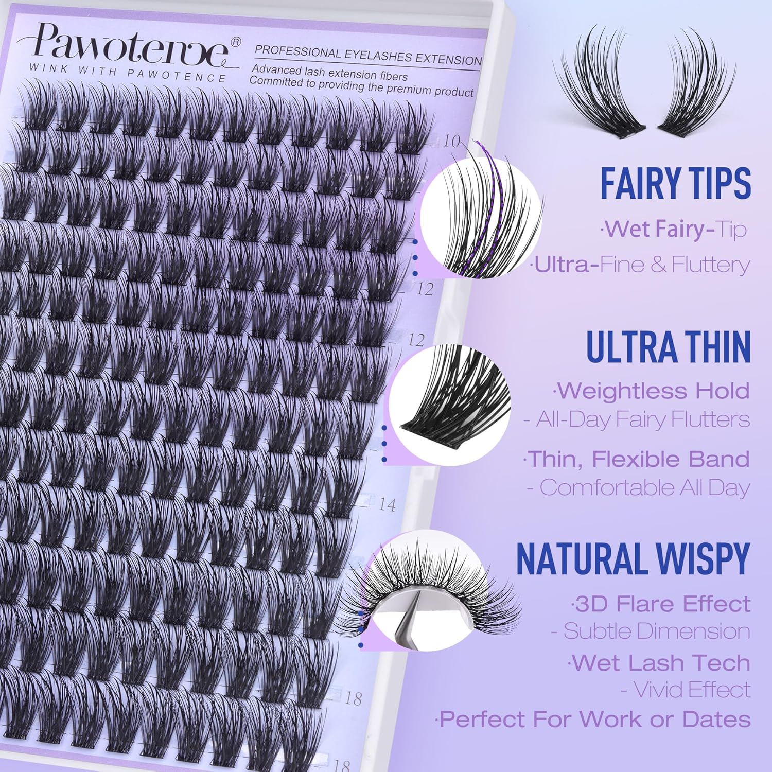 Pawotence Lash Clusters Fairy Eyelash Clusters 10-18mm Wispy Lashes Cluster Eyelash Extensions 144pcs Wet Individual Cluster Lashes Full False Eyelashes for DIY Lash Extension