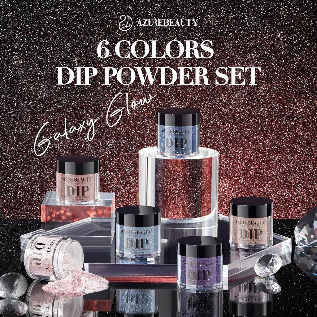 AZUREBEAUTY Dip Powder Nail Set 6 Colors Dark Light Blue Purple Brown Wine Red Shimmery Sparkle Shiny Fall Winter Dipping Powder Starter Kit French Nail Art Manicure Salon No Need Nail Lamp Cured