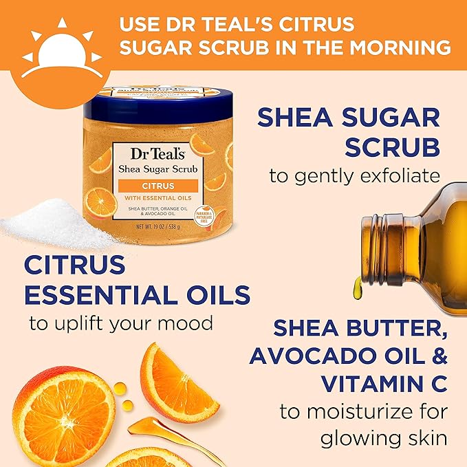 Dr Teal's Shea Sugar Body Scrub, Daytime/Nighttime with Vitamin C and Sleep Blend, 19 oz (Pack of 2)