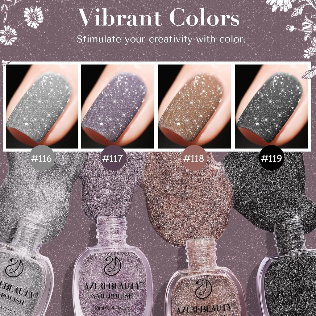 AZUREBEAUTY Matte Glitter Nail Polish Set 4 Colors Diamond Platinum Silver Purple Black Nude Nail Polish Quick Dry Natural Nail Kit with Top Coat DIY Salon Home