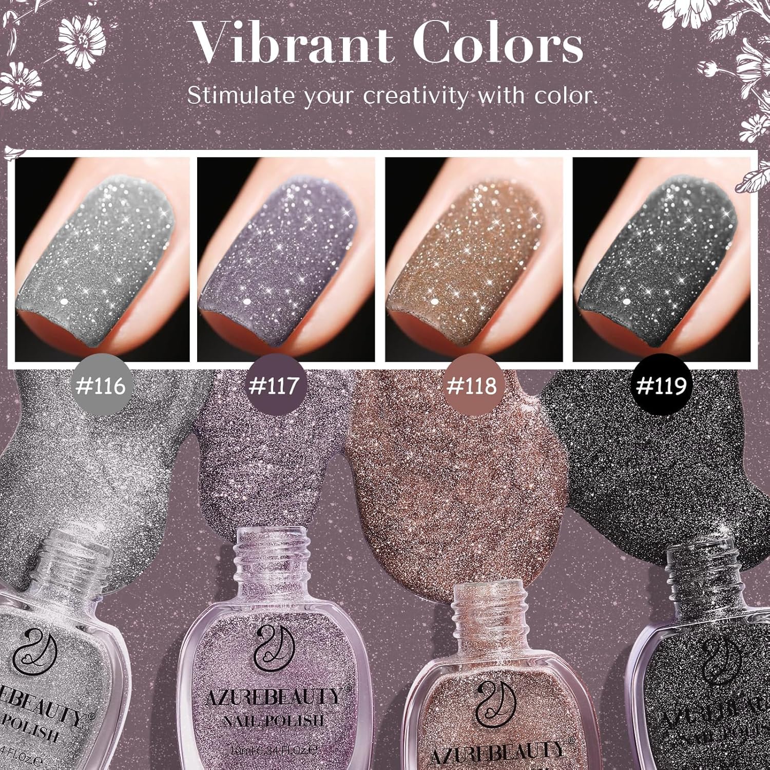 AZUREBEAUTY Matte Glitter Nail Polish Set 4 Colors Diamond Platinum Silver Purple Black Nude Nail Polish Quick Dry Natural Nail Kit with Top Coat DIY Salon Home