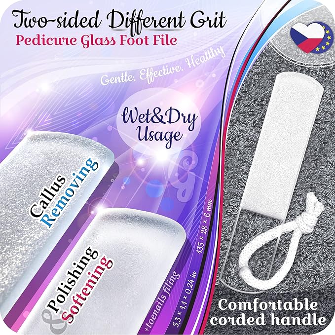 Genuine Czech Glass Foot File by GLADZY - Gentle Callus Remover Foot Rasp, Pedicure & Spa Rough Skin Scrubber, Two-Sided Etched Different Grit Surface, Professional Toenail & Heels Care, Made in EU