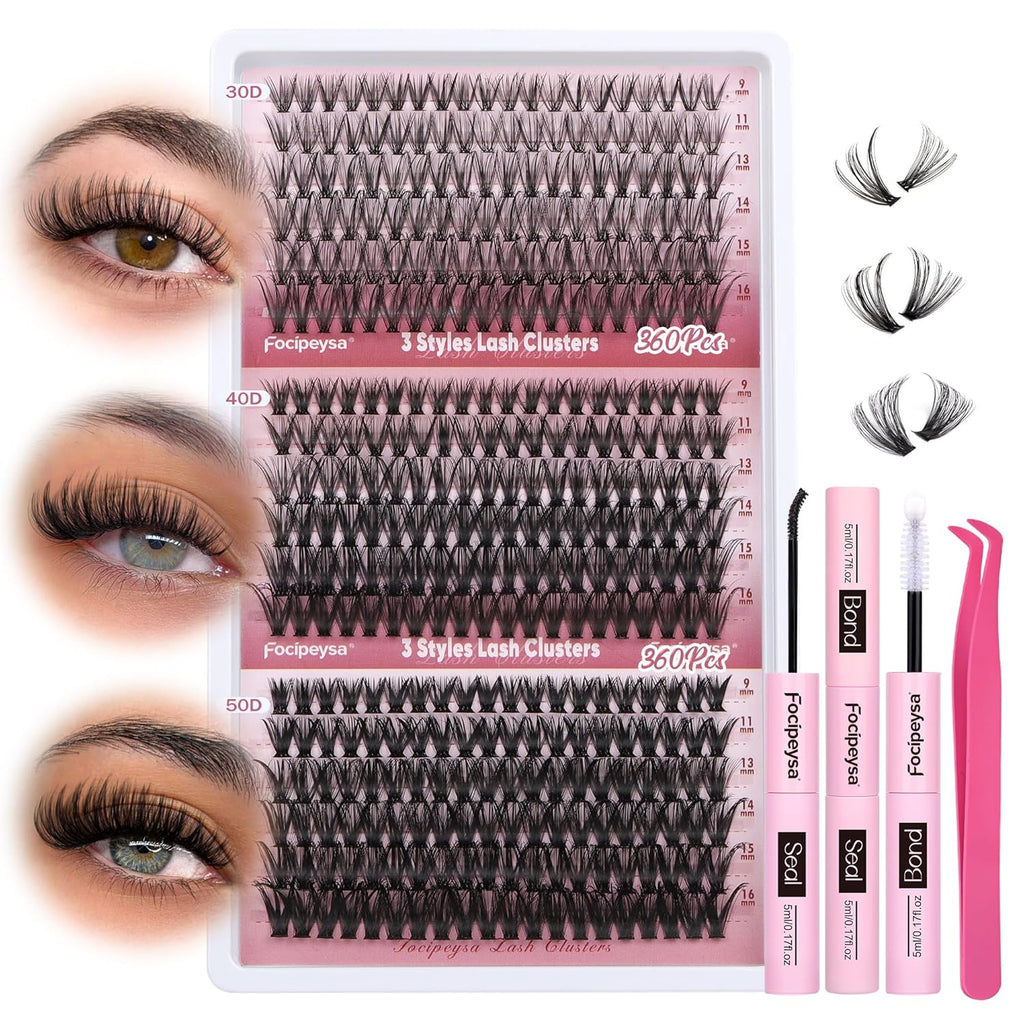 Focipeysa Wispy Lash Clusters 360pcs Eyelash Extension 30D 40D 50D Individual Lashes 9-16mm Mixed Eyelash Clusters Natural Lash Extensions with Lash Bond and Seal and Tweezers DIY Cluster Eyelashes