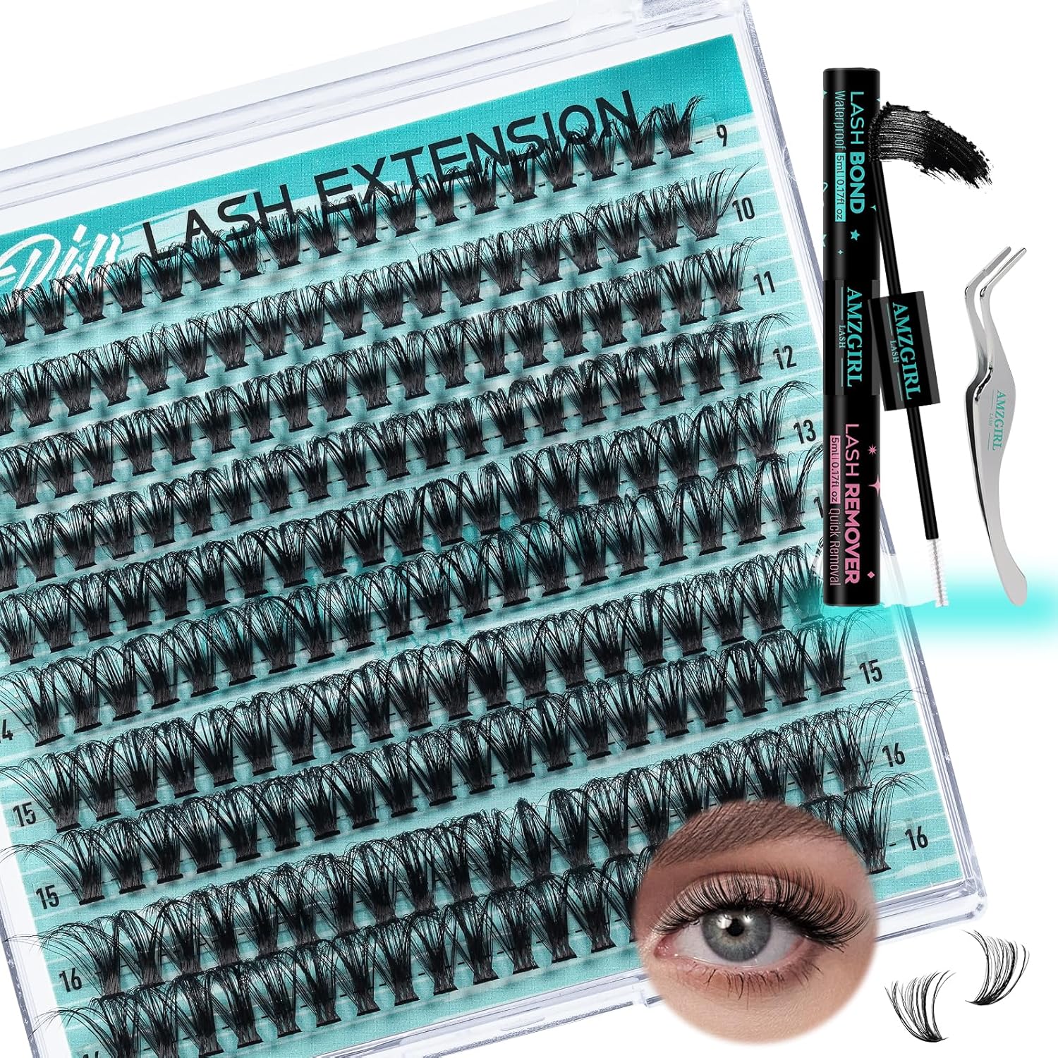 Lash Clusters Kit 200pcs, Eyelash Extension Kit 80D D Curl Diy Cluster Eyelashes Extensions Lash Bond and Remover Waterproof Lash Applicator Tools for 9-16mm Mix Lashes Beginner Self Use at home