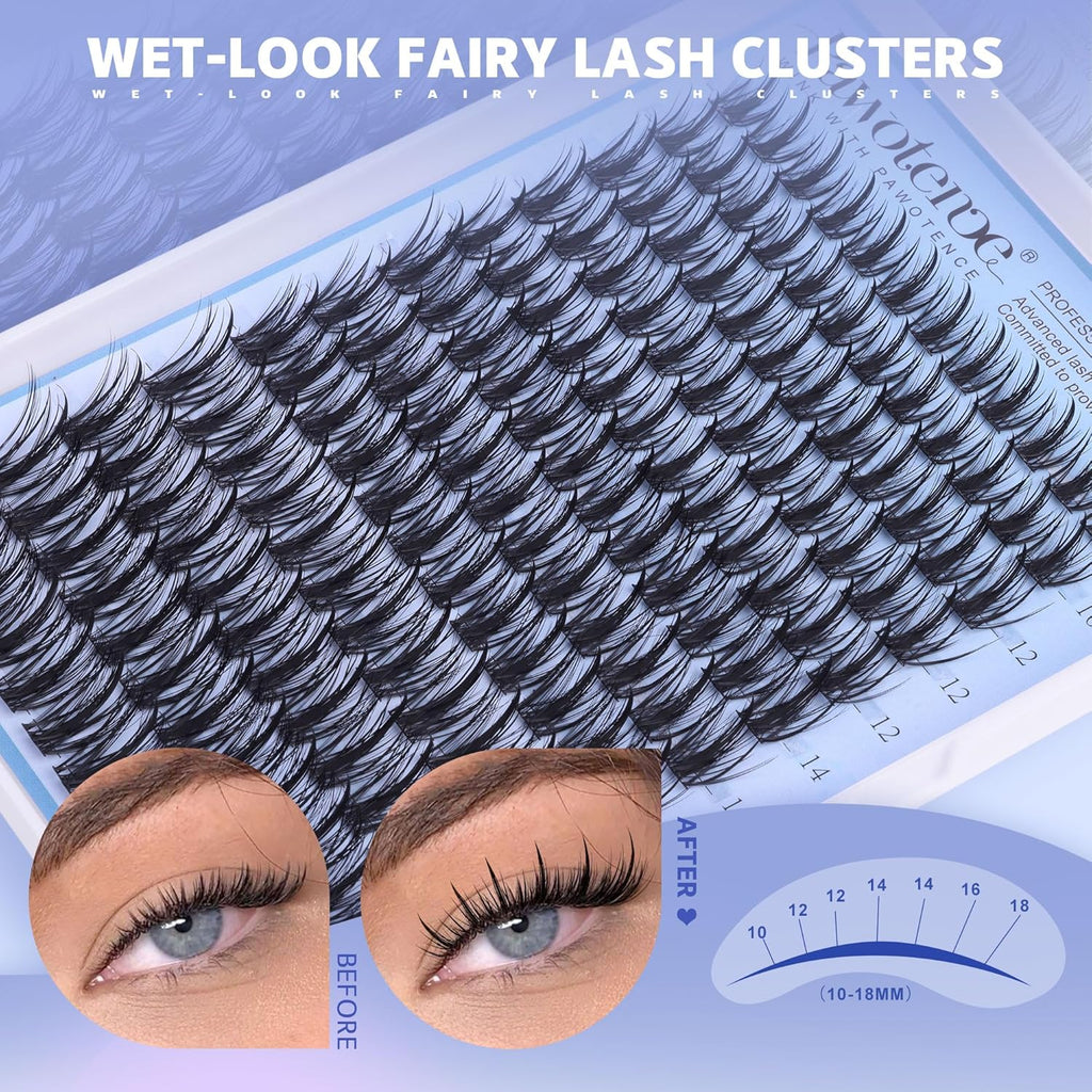 Pawotence Fairy Lash Clusters Kit Eyelash Clusters 10-18mm Wispy Lashes Clusters Eyelash Extension Kit 144pcs Natural Individual Lashes with Lash Bond and Seal, Tweezers, DIY Lash Extension Kit