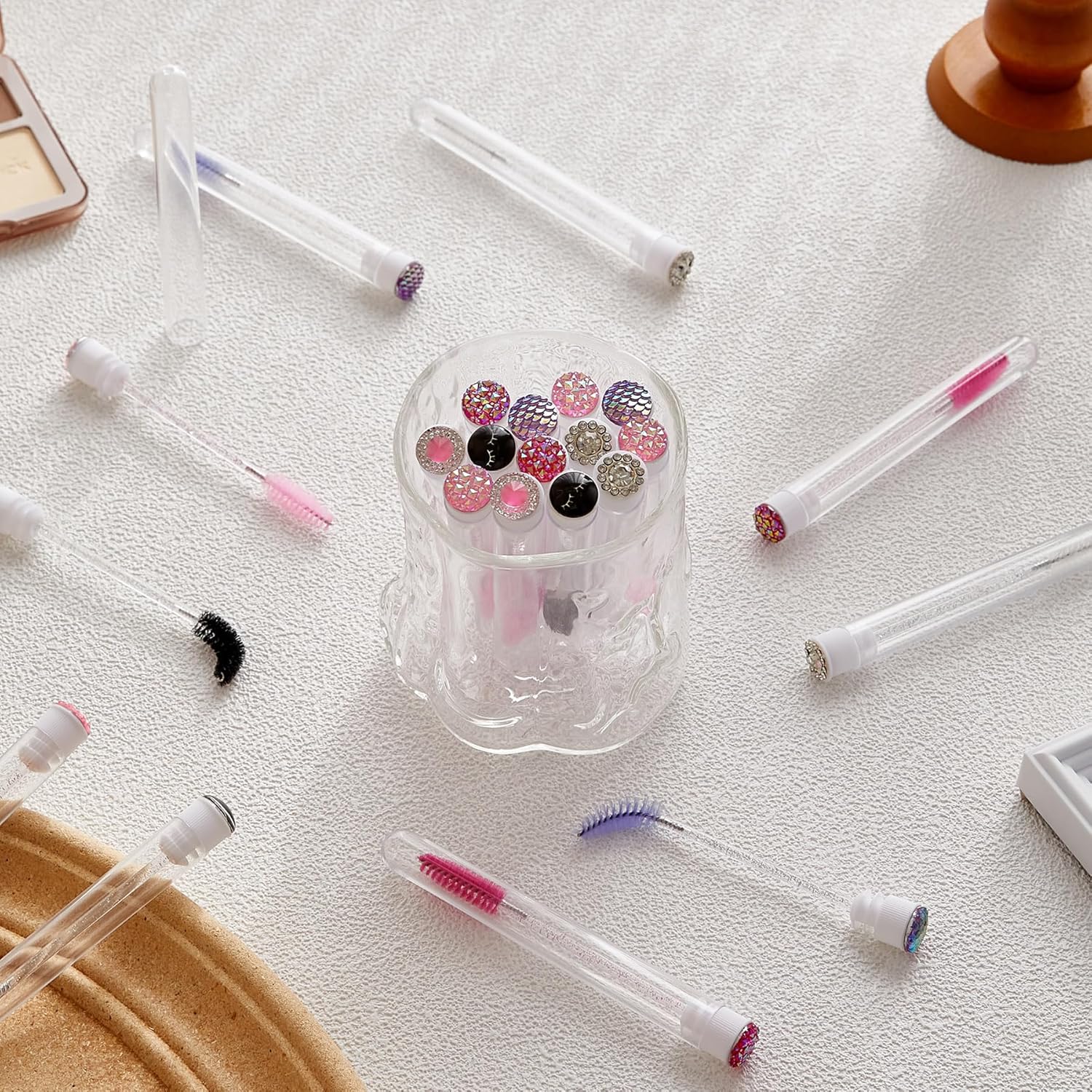 Upgrade 48 Pieces Disposable Mascara Wands Set,Include 24 Pcs Crystal Lash Spoolies Brush and 24 Pcs Reusable Keychain Empty Eyelash Brush Tubes