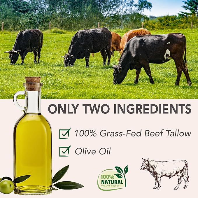 Beef Tallow for Skin | 100% Grass Fed Handmade Tallow Face Moisturizer | Face & Body | Whipped Moisturizer | 100% Natural Tallow Balm | No Parabens | Sensitive & Dry Skin, Eczema, Psoriasis