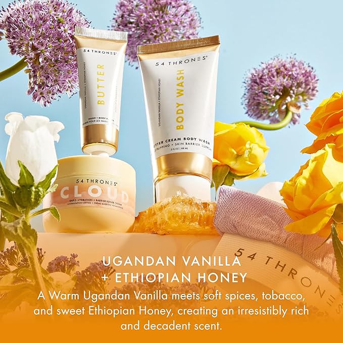 4-Piece Bodycare Set, Clear Makeup Bag, Tsa Approved Toiletry Bag, Butter Cream Body Wash, Barrier Repair Cloud Cream, African Beauty Butter & Kessa Exfoliating Mitt