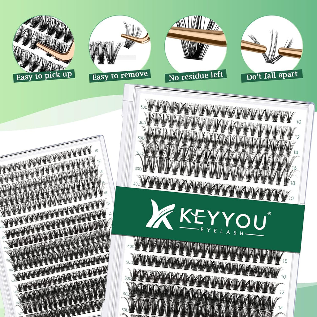 Lash Clusters 300pcs Eyelash Clusters 30D+40D+50D 0.07D Curl 10-18MIX DIY Eyelash Extension KEYYOU Large Tray Volume Soft&Natural Individual Lashes(30D40D50D-0.07D,10-18MIX）