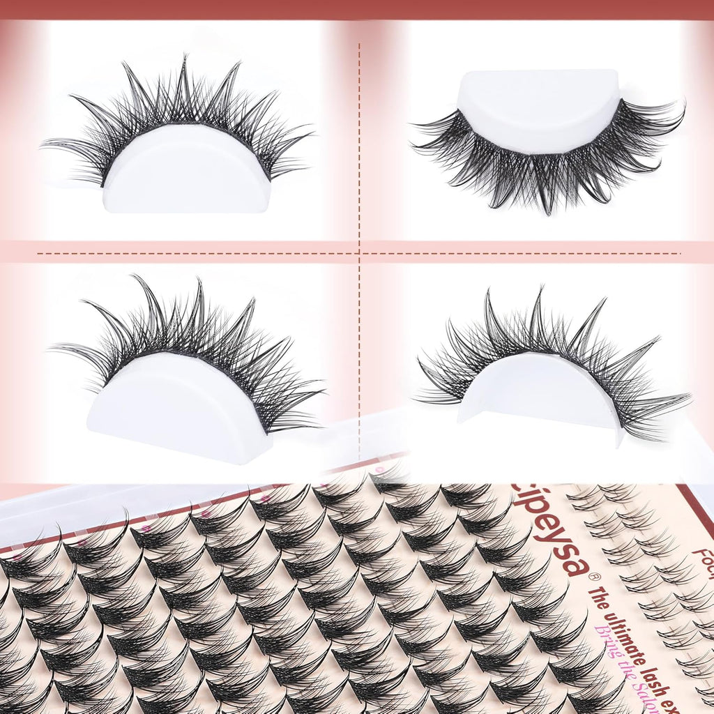 Focipeysa Wispy Lash Clusters Spike Eyelashes Extensions 12-16mm Natural Cluster Lashes C-Curl Lashes Extensions with Bottom Lashes Salon Effect Wispy Eyelashes DIY Individual Eyelashes Clusters