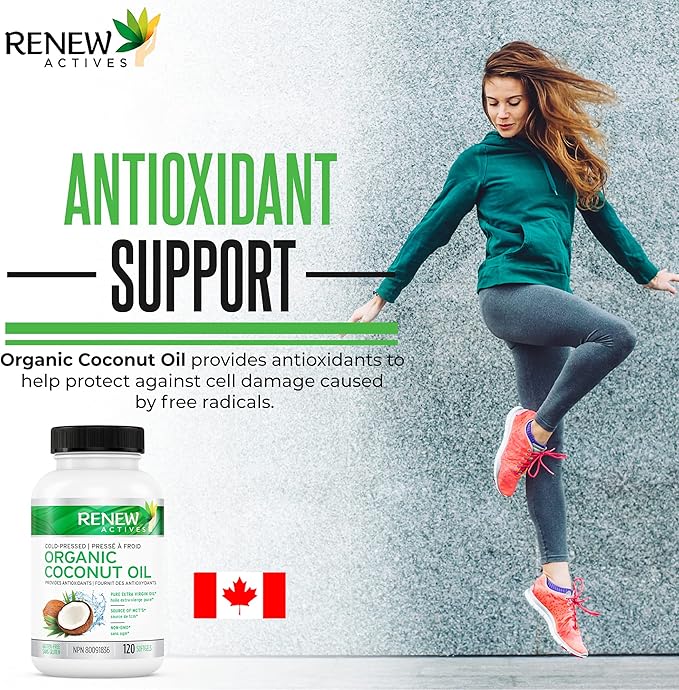 Renew Actives Coconut Oil Supplement 2000MG per 2 Softgels - Premium Source of Antioxidants, Natural Fatty Acids & Metabolism Support for Optimal Health & Energy - Made in Canada - 120 Softgels