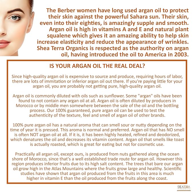Shea Terra Moroccan Argan Cold-Pressed Extra Virgin Oil | Nutrient-Rich, All Natural & Organic Oil with Anti-Aging Vitamin A and E to Increase Skin Elasticity for Dry, Mature Skin – 2 oz