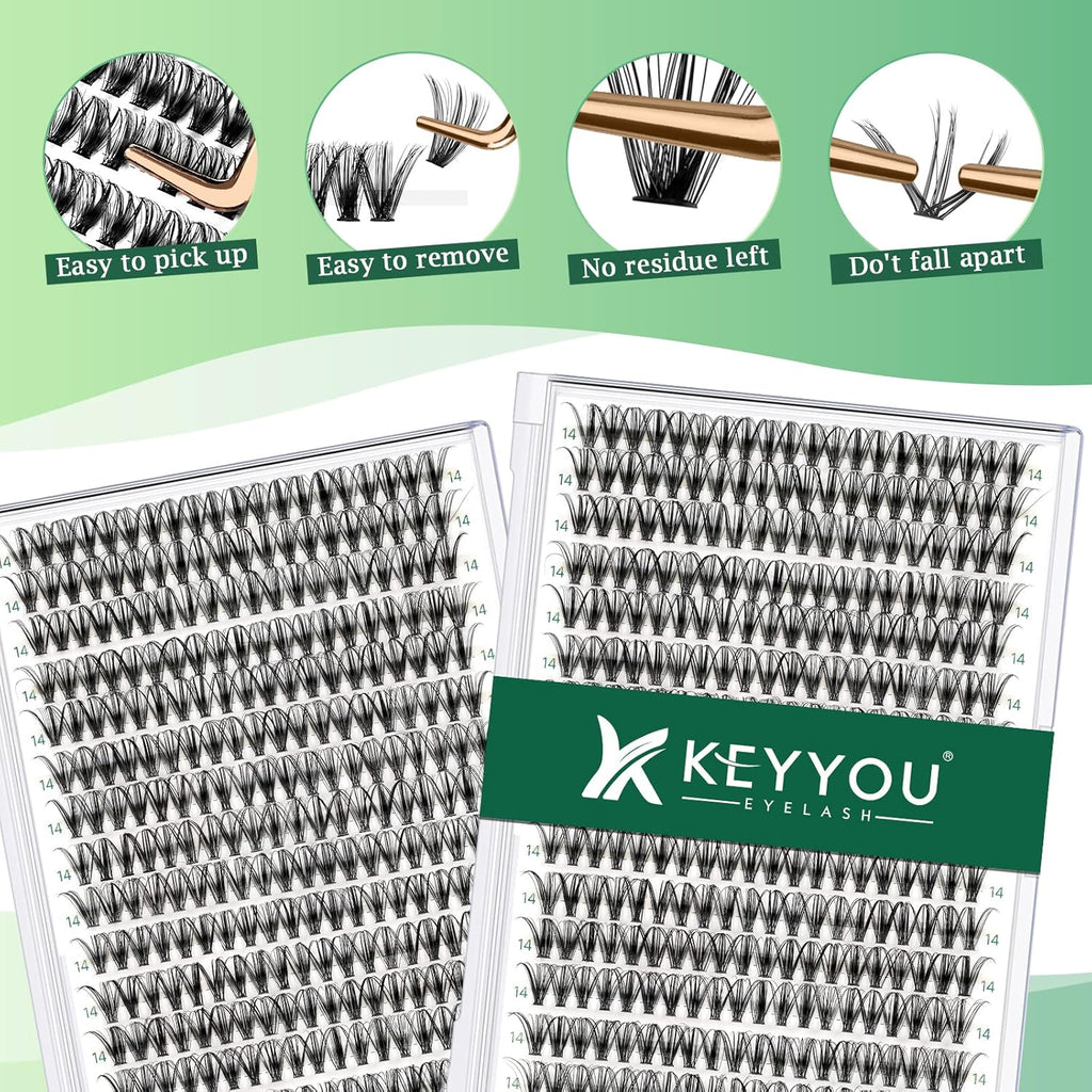 Lash Clusters 300pcs Individual Lashes 30D 0.07D Curl 14mm DIY Eyelash Extension KEYYOU Large Tray Volume Soft&Natural Eyelash Clusters(30D-0.07D,14）