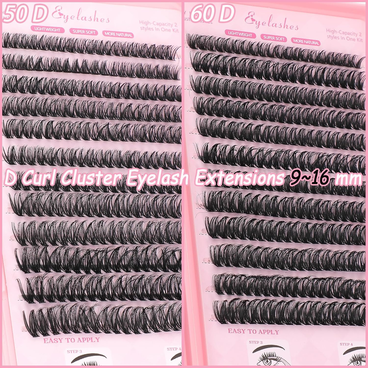 Lash Clusters Kit, Eyelash Clusters Individual Lash Extension Kit 480 Pcs D Curl Fluffy Wispy False Eyelashes Extensions Thin Band with Bond Seal Tweezers Brush Remover (50D+60D Kit 9-16mm)