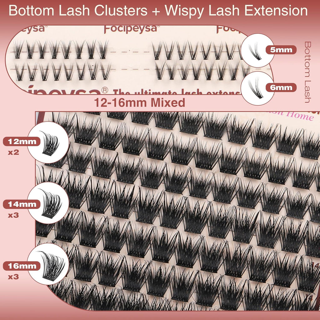 Focipeysa Volume Lash Clusters Wispy Eyelashes Extensions 10-16mm Cluster Lash Extensions C-Curl Lashes Extensions with Bottom Lashes Salon Effect Individual Eyelash DIY Eyelashes Clusters at Home