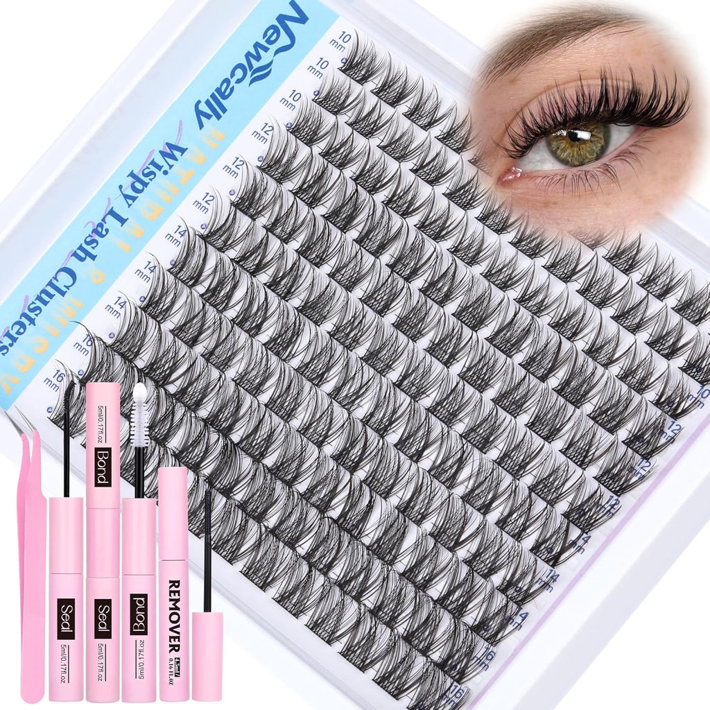 Wispy Lash Clusters Kit DIY Lash Extension Kit Natural Look C-curly Cluster Eyelash Extension Kit Volume 10-16MM Individual Eyelashes Kit with Lash Remover by Newcally