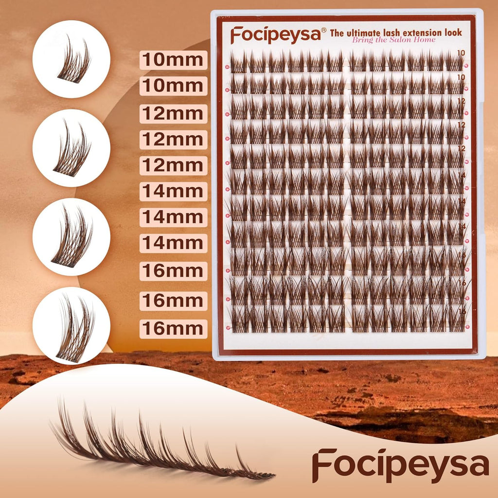 Focipeysa Brown Lash Clusters Spiky Brown Clusters Eyelashes Extensions 10-16mm Eyelash Clusters Wispy Eye Lash Clusters Natural Eyelashes Clusters DIY Salon Effect Lash Extension at Home