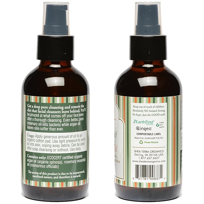 Shea Terra Face and Body Cleanser| Argan & Rosemary Facial Cleansing Oil| Non Toxic All Natural Oil that Cleanse Away Dirt & Debris from Pores for Blemish Free, Soft & Even-toned Skin – 4oz