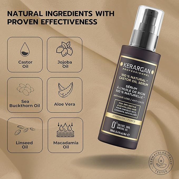 KERARGAN - Anti-Hair Loss Hair Serum with Castor Oil - Protection & Shine for Dry, Brittle Hair - Enriched with Aloe Vera & Macadamia Oil - Sulfate-free, GMO-free, Mineral Oil-free - 3.4 Fl oz