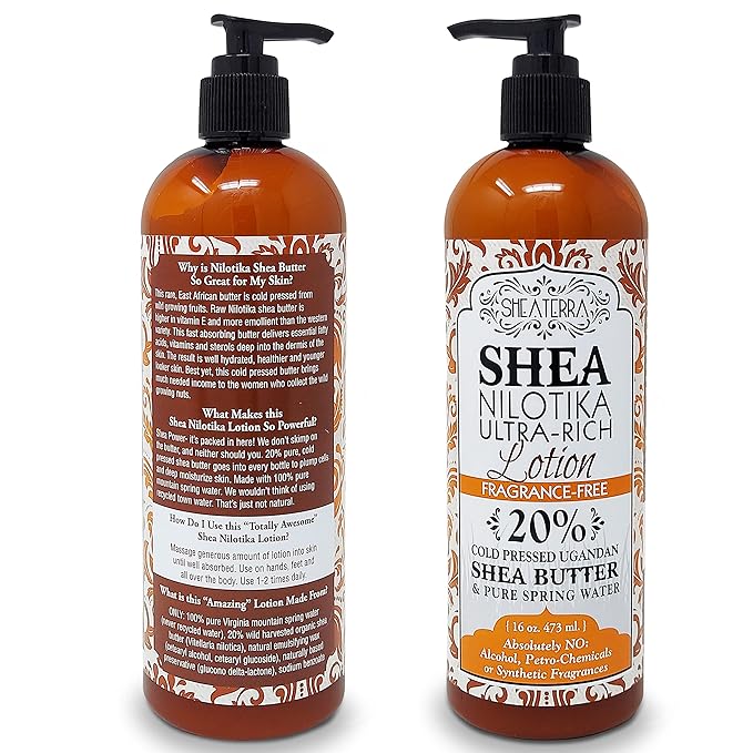 Shea Terra Organics Nilotik’ Shea Butter Ultra-Rich Lotion – Fragrance-Free | Natural Anti-Aging Daily Skin, Nails & Hair Cream to Soften Dry Skin, Reduce Wrinkles & Stretch Marks – 16 oz