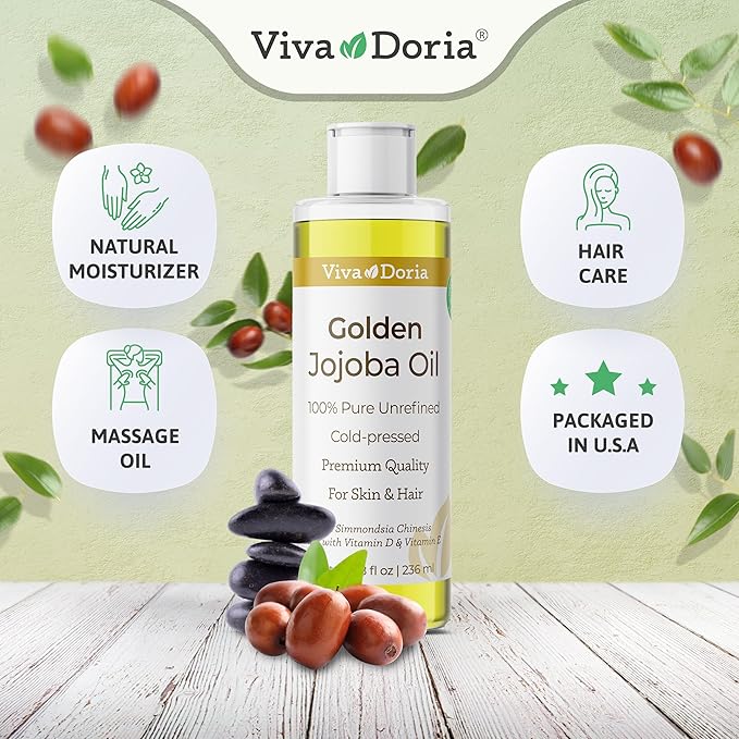 Viva Doria Golden Jojoba Oil - 8 fl oz for Hair, Skin, Nails, and More - 100% Pure Unrefined, Deeply Moisturizing Anti-Aging Oil for Men and Women