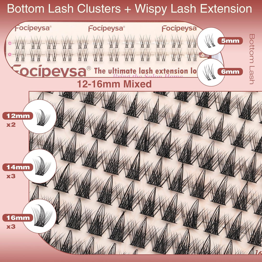 Focipeysa Wispy Lash Clusters Spike Eyelashes Extensions 12-16mm Natural Cluster Lashes C-Curl Lashes Extensions with Bottom Lashes Salon Effect Wispy Eyelashes DIY Individual Eyelashes Clusters
