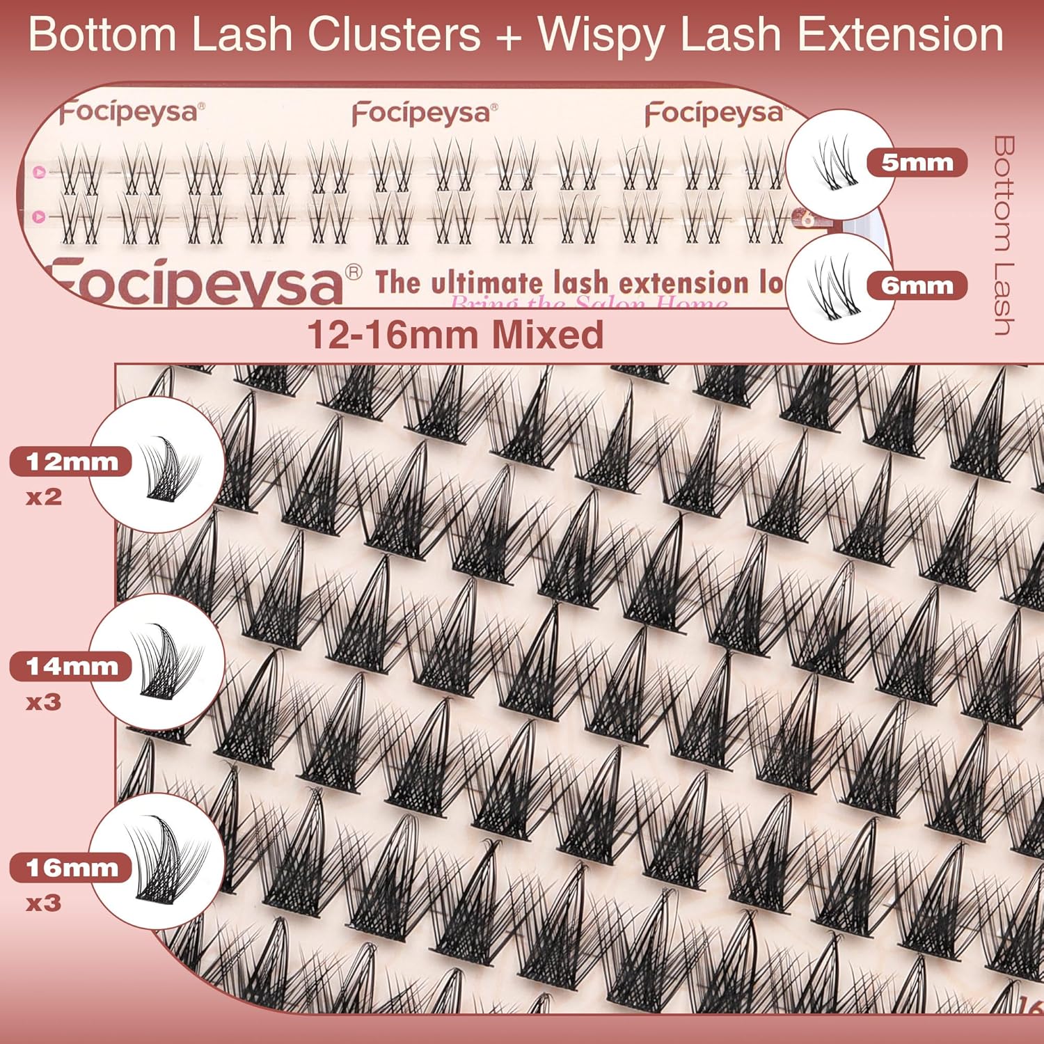 Focipeysa Wispy Lash Clusters Spike Eyelashes Extensions 12-16mm Natural Cluster Lashes C-Curl Lashes Extensions with Bottom Lashes Salon Effect Wispy Eyelashes DIY Individual Eyelashes Clusters