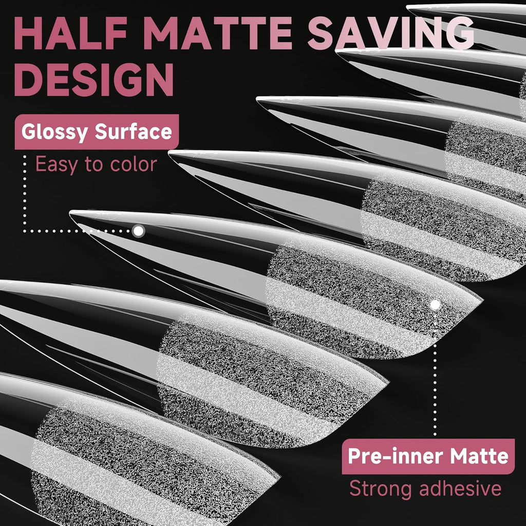 UNA GELLA Stiletto Gel Nail Tips Long: Full Cover 312pcs Half Matte Halloween Stiletto Gel Tips Press On Nails for Faster Gelly Nail Extension, Clear False Fake Acrylic Nails 12 Sizes for Her