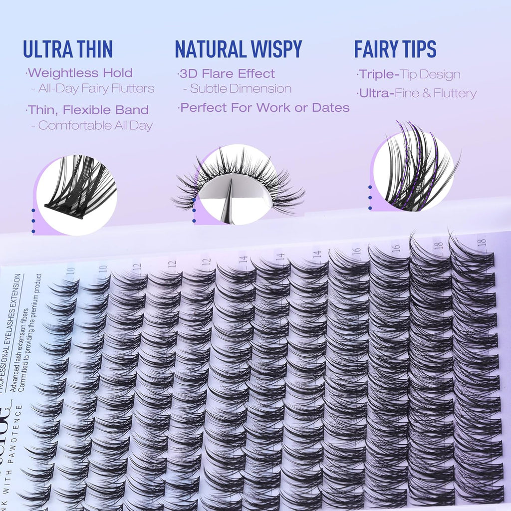 Pawotence Wispy Lash Clusters Natural Eyelash Clusters 10-18mm Fairy Lashes Cluster Eyelash Extensions 144pcs Anime Individual Cluster Lashes Wispy for DIY Lash Extension