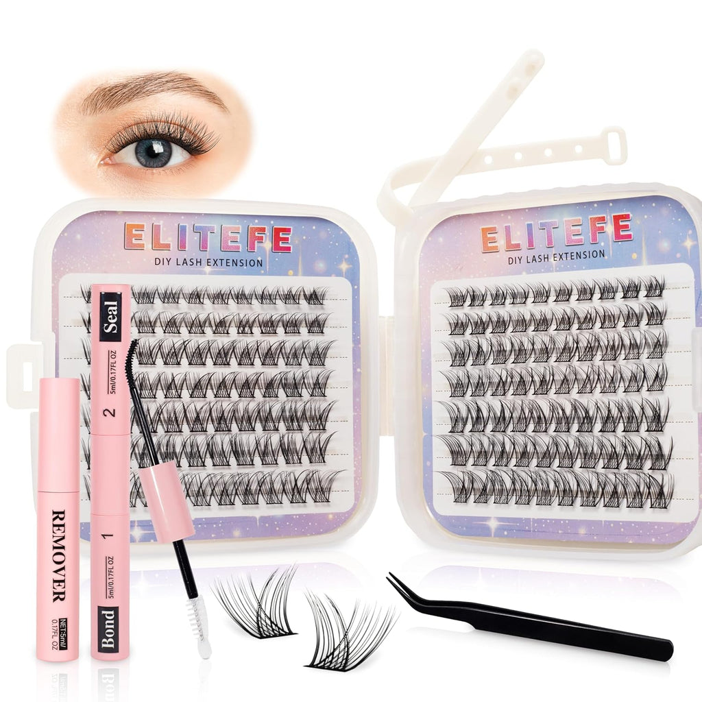 Lash Extension Kit DIY Lash Clusters Kit Eyelash Extensions Individual Lashes Extensions with (Bond,Seal,Tweezers,Remover,168Pcs,Velvet,8-16)