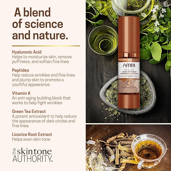 Ambi Even & Clear Under Eye Serum for All Skin Types; Anti Aging Formula features Peptides, Hyaluronic Acid, and Vitamin A to help Reduce Fine Lines, Wrinkles, and Dark Circles , 0.5 Ounce