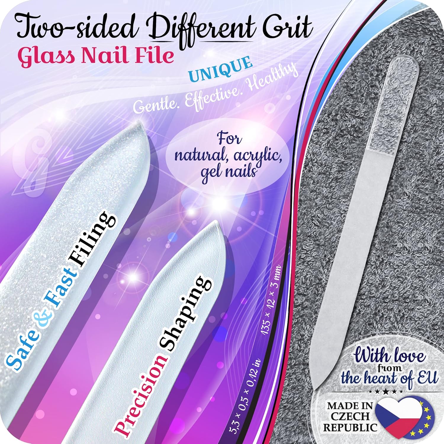 GLADZY Czech Glass Nail File Set with Glass Nail Shiner & Cuticle Pusher– 3 pcs Manicure Kit with Case, Multi-Functional Nano Buffer, Manicure Stick, Etched Crystal File for Natural Nails, Made in EU