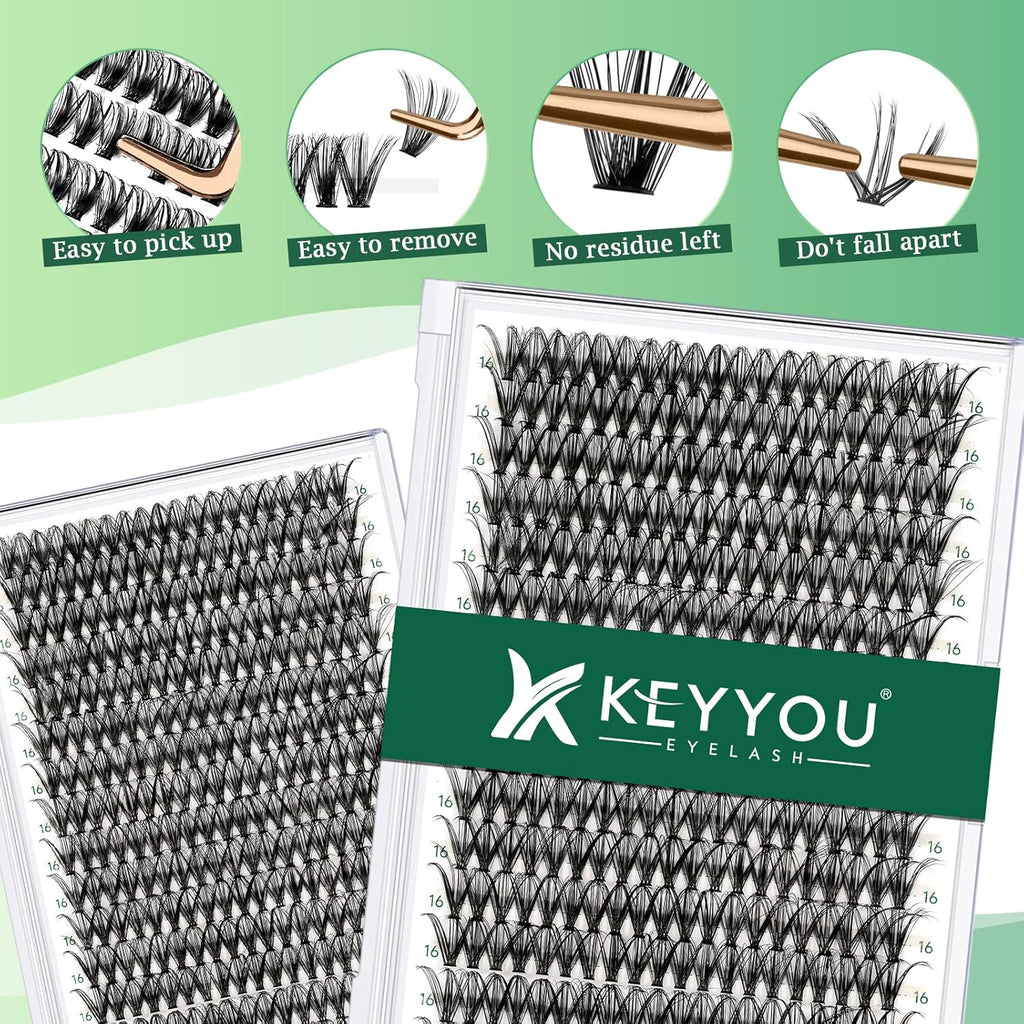 Lash Clusters 300pcs Individual Lashes 30D 0.07D Curl 16mm DIY Eyelash Extension KEYYOU Large Tray Volume Soft&Natural Cluster Lashes(30D-0.07D,16）