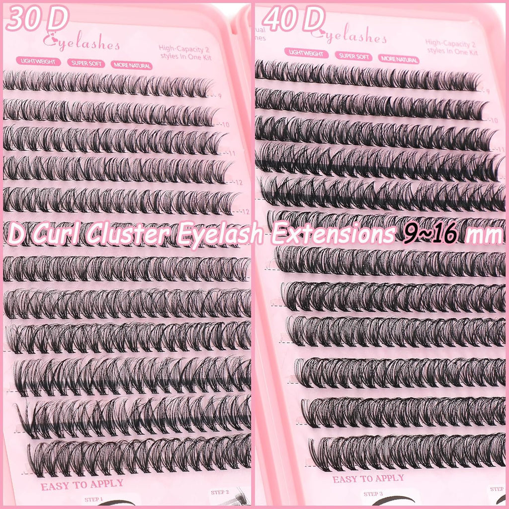 Lash Clusters Kit: Eyelash Clusters Individual Lash Extension Kit 480 Pcs D Curl Fluffy Wispy False Eyelashes Extensions Thin Band with Bond Seal Tweezers Brush (30D+40D Kit 9-16mm)