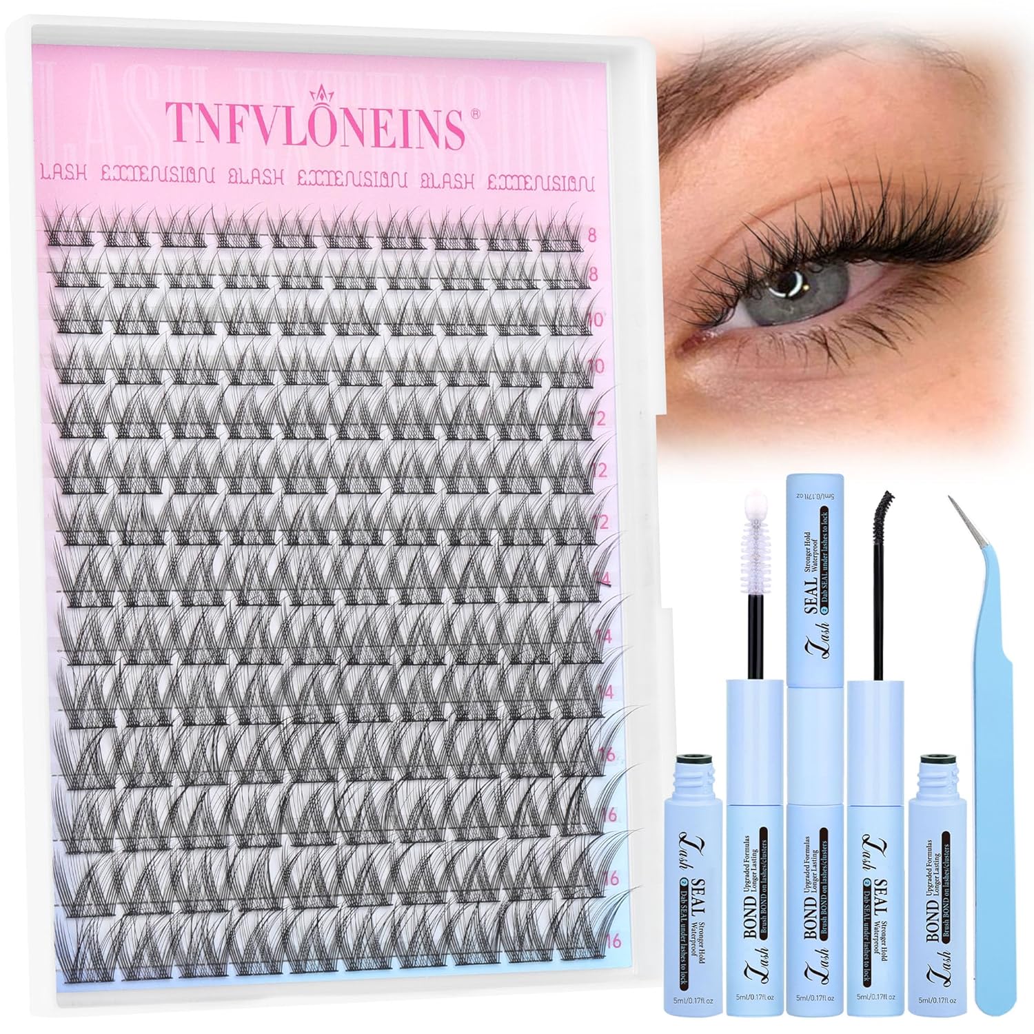 TNFVLONEINS Lash Clusters Kit 8-16mm Eyelash Clusters Kit Natural Lash Extension Kit Wispy Widespan DIY Eyelash Extension Kit Individual Lashes Cluster with Bond and Seal and Tweezers