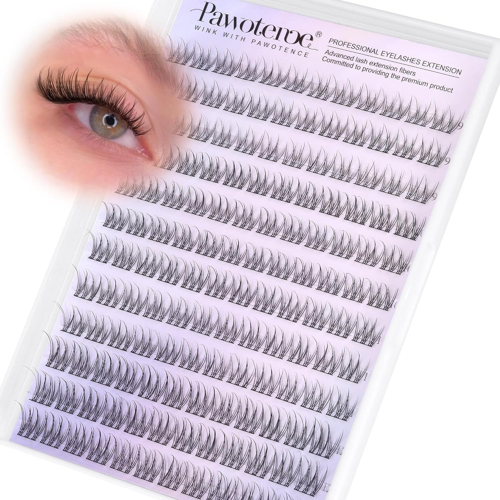 Pawotence Natural Lash Clusters Wispy Cluster Eyelash Extensions 144pcs Eyelash Clusters 9-12mm Individual Lashes Extension DIY Soft C Curved Lashes Clusters