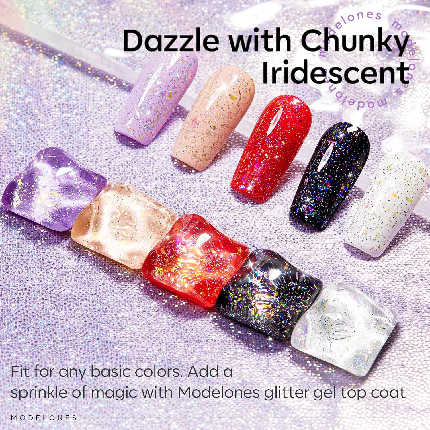 modelones Glitter Gel Nail Polish Top Coat, Rainbow Confetti Gel Top Coat with Scattered Sparkle Shimmer Sequins, Soak Off Long Lasting High Glossy Finish Home Salon DIY Manicure Nail Art 10 ML