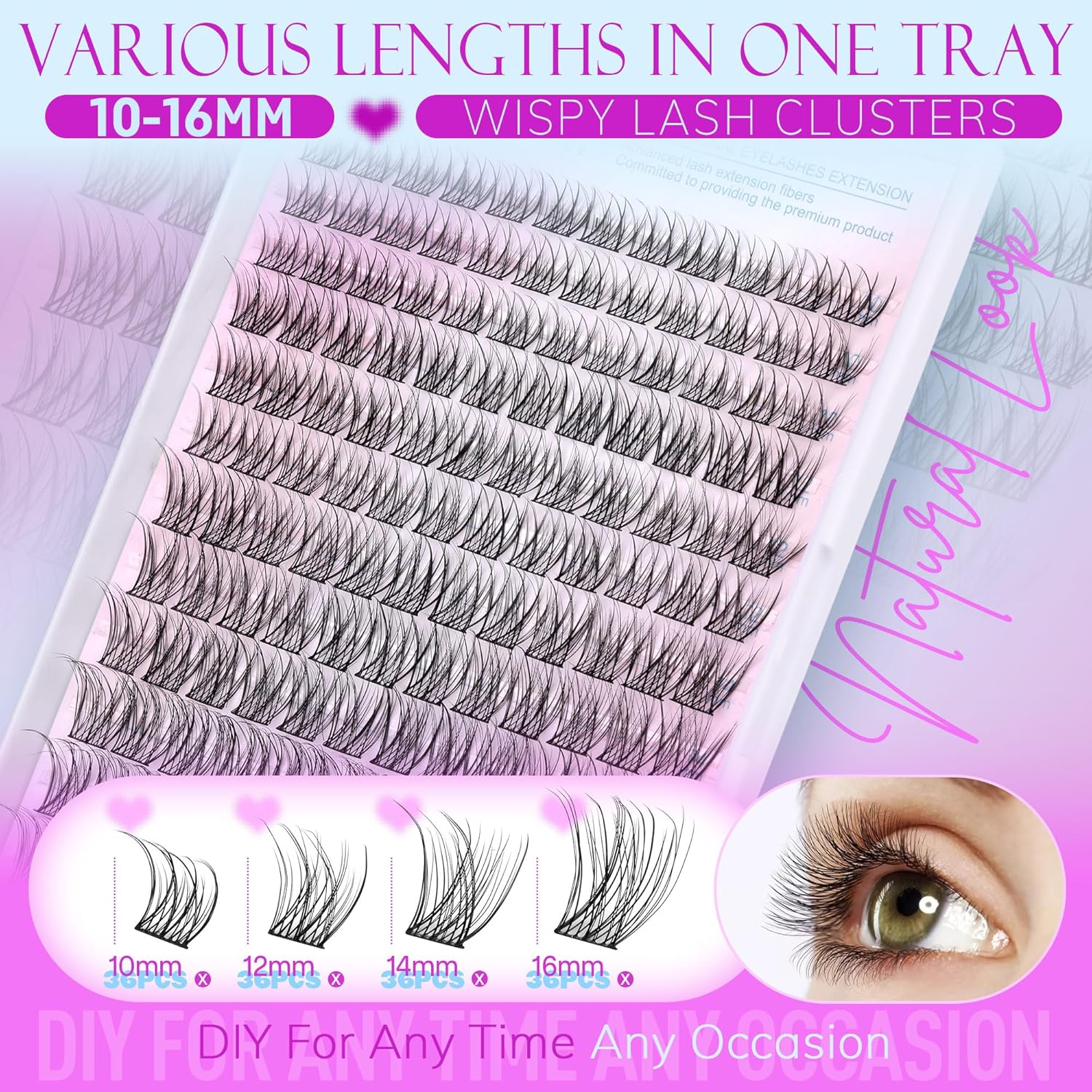 Pawotence Wispy Lash Clusters Natural Cluster Lashes Extension DIY Natural Eyelash Clusters Extension 10-16mm Individual Lashes False Eyelashes Wispy Soft Cluster Eyelash Extensions