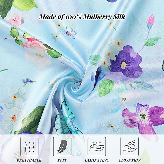 2 Pack Satin Pillowcase with Latent Zipper, Adjustable Satin Eye Mask for Sleeping and Satin Volume Scrunchie for Hair and Skin, Standard Size (Light Blue,Flower Style)